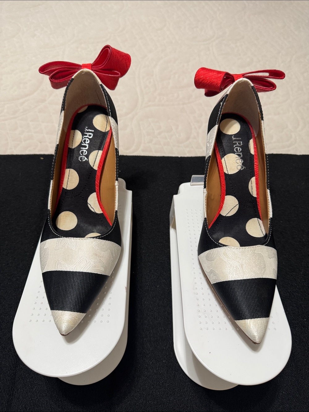 J.Renee Black and Cream Pointed Pumps with Red Bow Accent